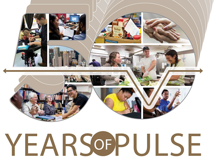 Collage forming the number "50," showcasing diverse activities like cooking, reading, and working on computers. The text "50 Years of PULSE" below highlights community involvement and service, reflecting our mission multiplier effect through half a century of engagement.