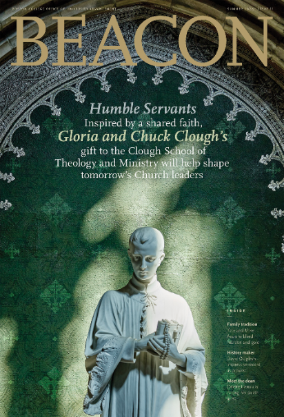 Cover of Beacon magazine featuring a statue of a priest holding a chalice against a decorative green background. The text highlights a donation to the Clough School of Theology.