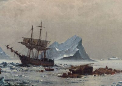 A ship is trapped in icy waters surrounded by large icebergs. Two figures and barrels are on the ice near the ship. Another ship is visible in the distance under a grey, cloudy sky. The scene conveys a sense of isolation and cold.
