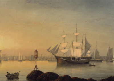 A serene harbor scene at sunset with several sailboats anchored on calm water. A large three-masted ship is prominently featured. A small rowboat with a figure approaches the shore near a lighthouse structure. The sky is painted in warm hues.