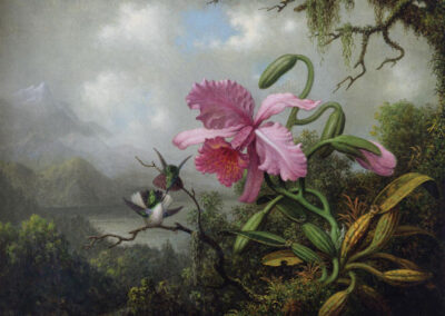 A tropical landscape painting featuring a large pink orchid surrounded by lush greenery. Two hummingbirds hover nearby, with misty mountains and a cloudy sky in the background.