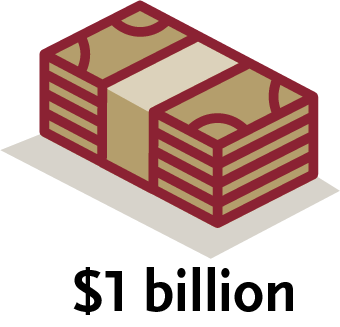 A simple illustration of a large stack of paper money, outlined in red, with the text "$1 billion" written below it.