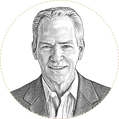 Black-and-white sketch of an older man with short hair, wearing a suit jacket and collared shirt, smiling and facing forward within a circular border.