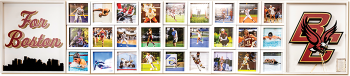 A collage wall displays Boston College sports photos, the phrase “For Boston,” a city skyline silhouette, and a large BC Eagles logo on the right. The images emphasize BC pride, athletic moments, and a Family First spirit among athletes in action.