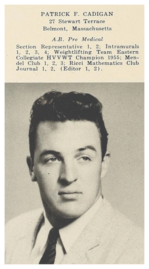 Black-and-white yearbook photo of a young man in a suit and tie. Text above lists his name, address, pre-medical studies, activities, achievements, and clubs—including editor of a mathematics journal—a fitting Act of Gratitude reflecting his commitment to academic excellence and service.