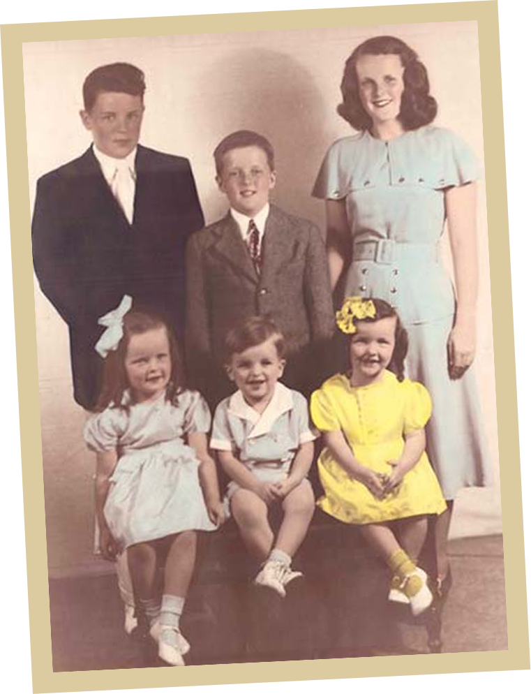 A vintage family portrait featuring three boys and three girls, all dressed in formal attire, posing and smiling together against a plain backdrop—a timeless Act of Gratitude capturing the warmth and unity shared by loved ones.