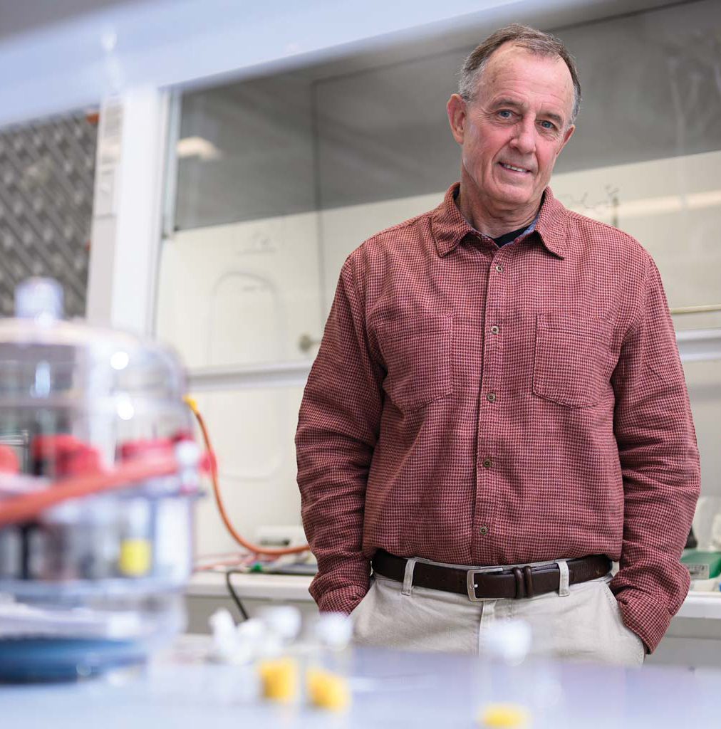 A man in a red checked shirt stands in a laboratory, striking the match between curiosity and discovery as he looks toward the camera. Laboratory equipment and wires are visible on the table in the foreground.