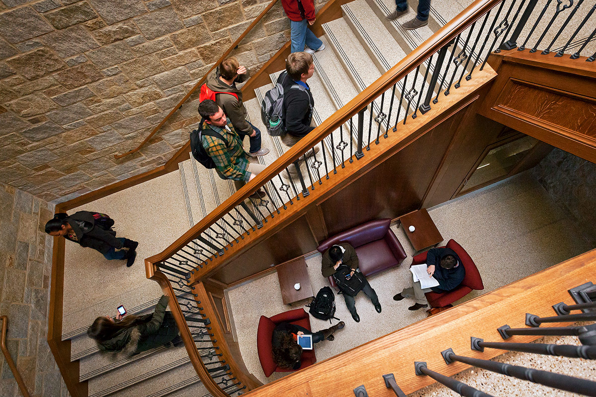 The grand staircase in Stokes Hall. 